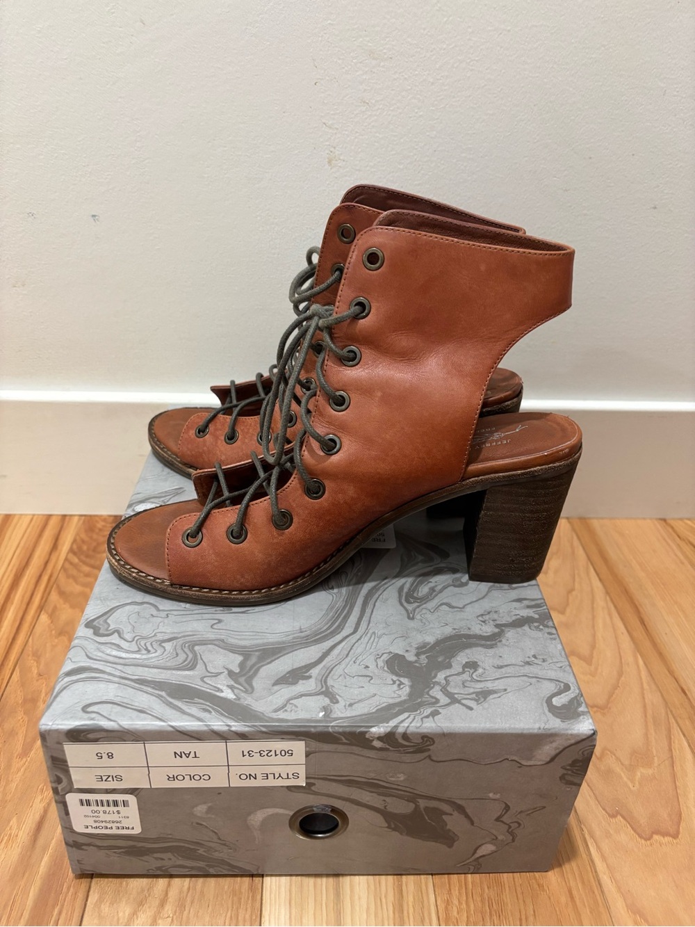 Jeffery Campbell for Free People LeatherOpen-Toe Lace-Up Block Heel Sandals tan